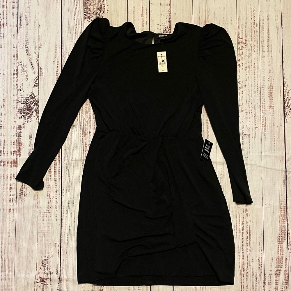 Express Black Long-Sleeve Twist-Waist Puff-Shoulder Dress